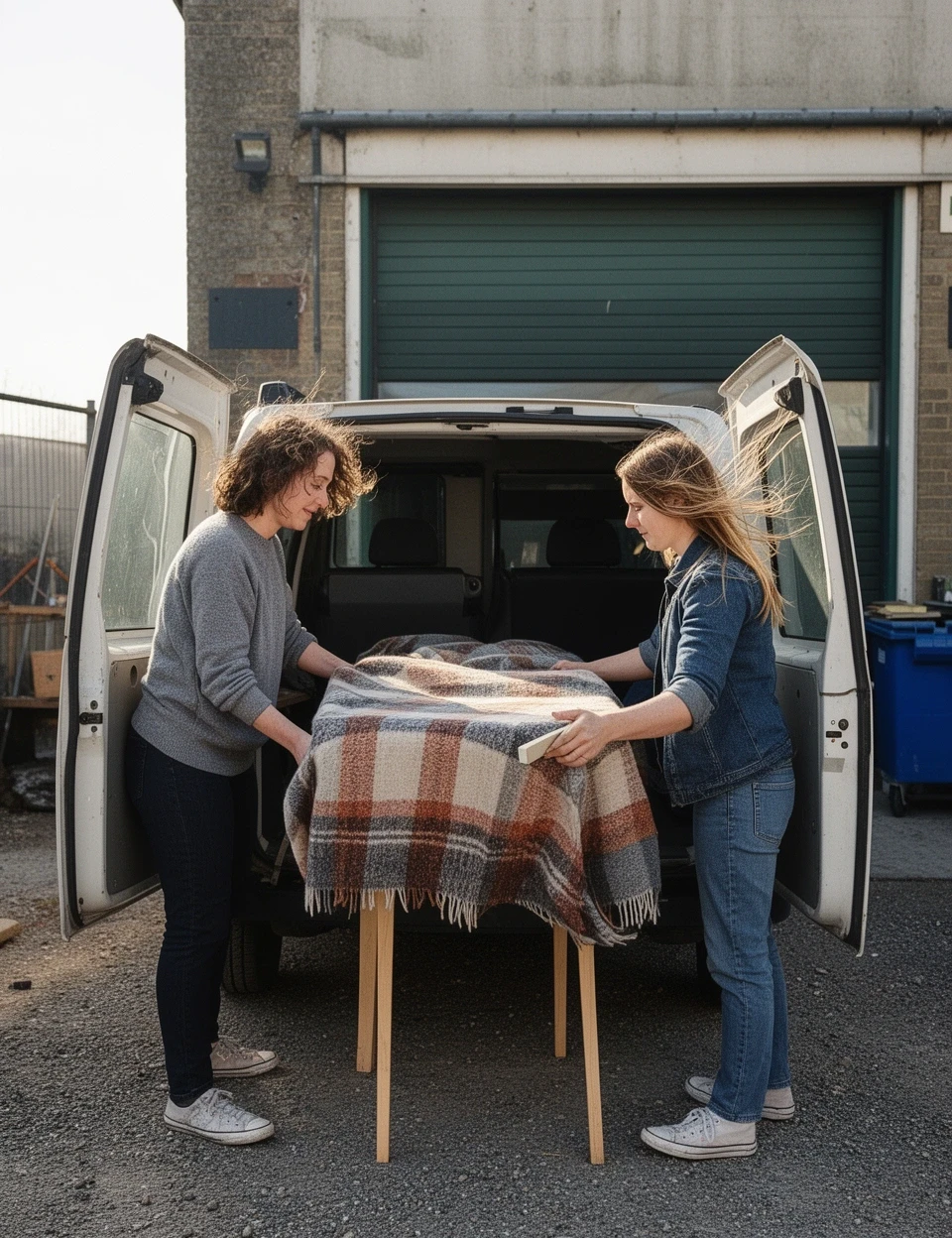 Dos personas cargando una tapa de mesa envuelta en una camioneta