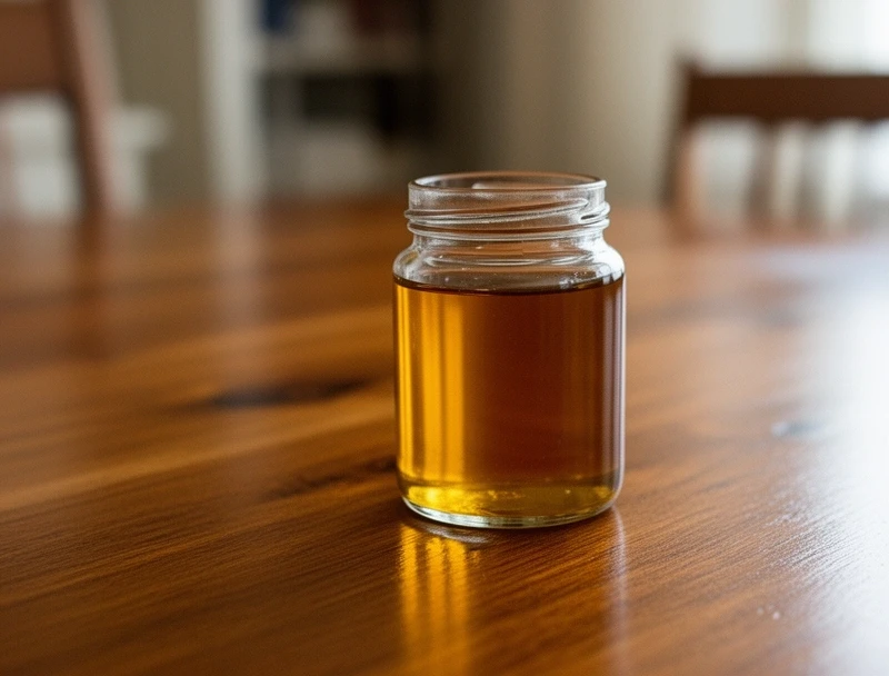 Frasco de aceite de mantenimiento sobre una mesa de algarrobo