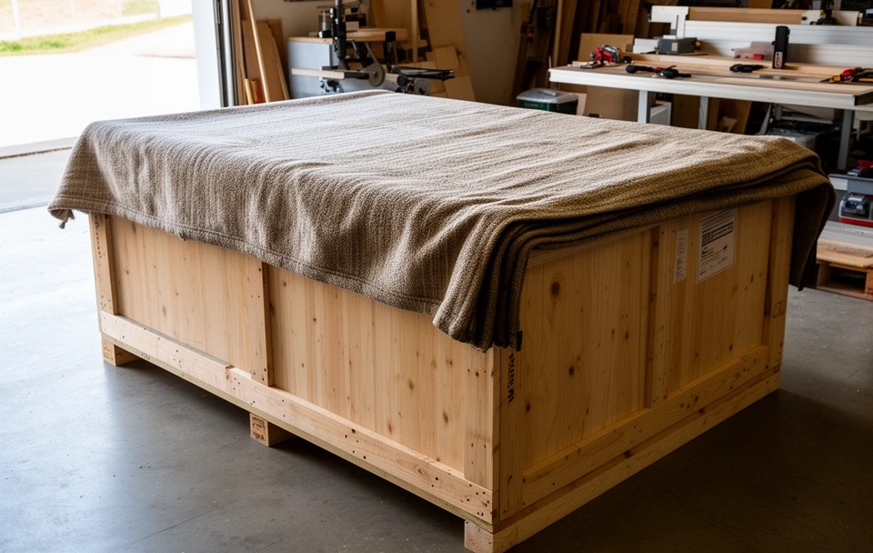 Mesa embalada en una jaula de madera lista para el expreso
