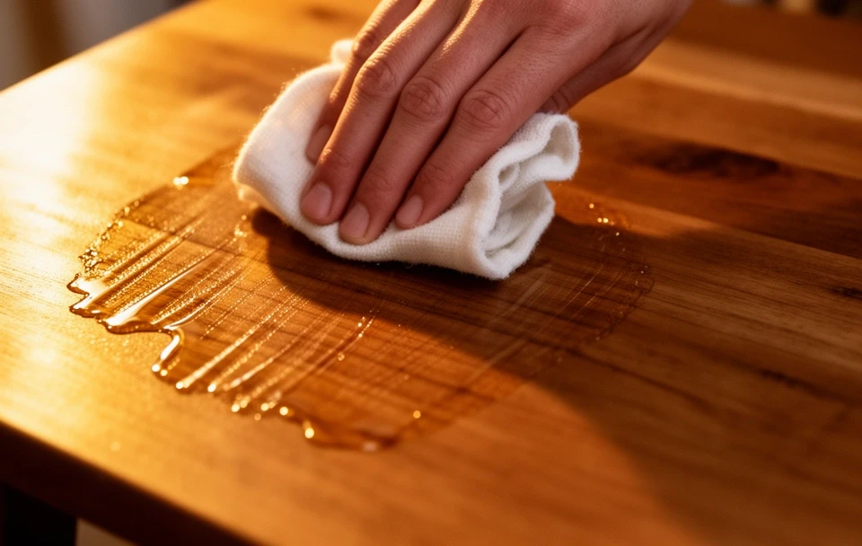 Mano pasando aceite con un trapo sobre la tapa de una mesa