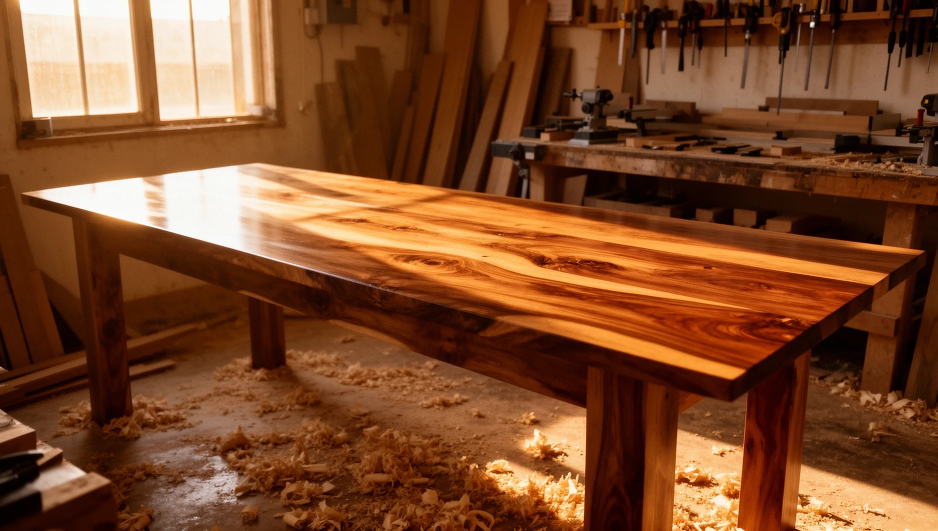 Mesa de algarrobo recién aceitada en el taller, con luz de la tarde