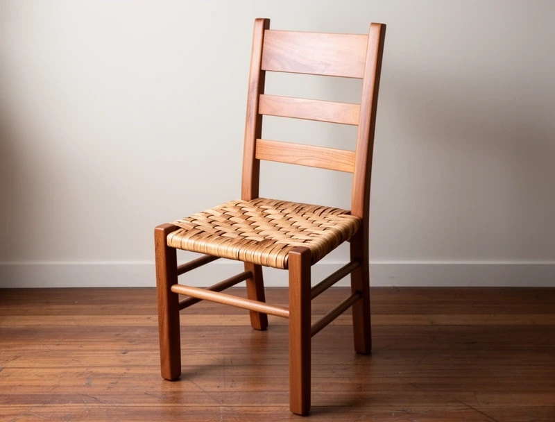 Silla de algarrobo con asiento de cuero crudo trenzado