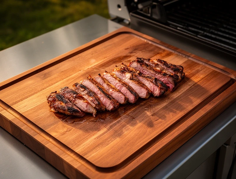 Tabla de asado con canaleta junto a una parrilla