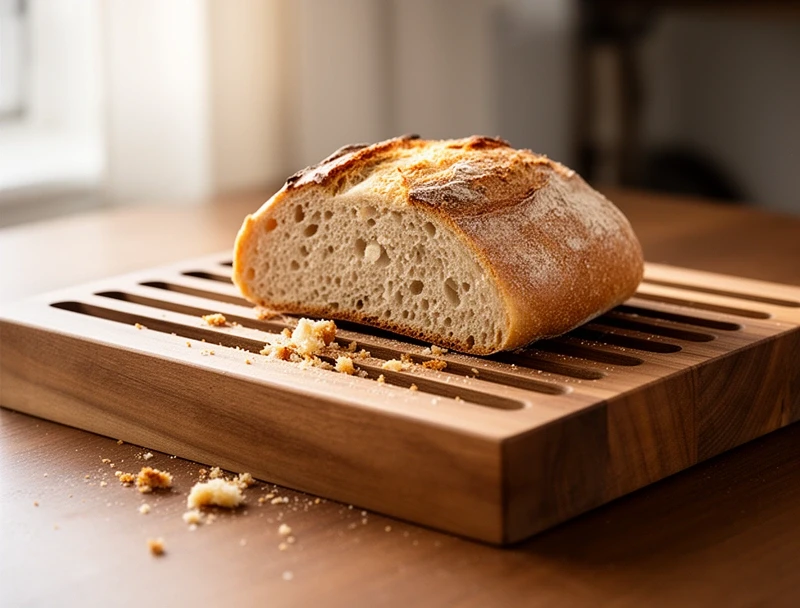 Tabla panera con ranuras y un pan cortado